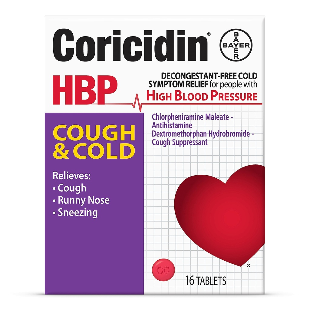 Coricidin HBP Decongestant-Free Cough and Cold Medicine - Speziell gestaltetes Relief für hohen Blutdruck, Husten, Runny Nose, Niesen und kalte Symptome (16 Zähler)