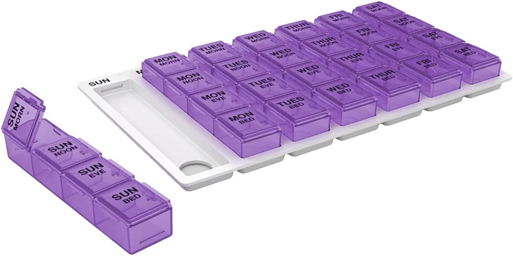 EZY DOSE Weekly (7-Day) Pille Case, Medizin Planner, Vitamin Organizer Box, Medium Pop-Out Compartments, 4 Mal am Tag, einfach zu bedienen, Farben Mai Vary, BPA kostenlos