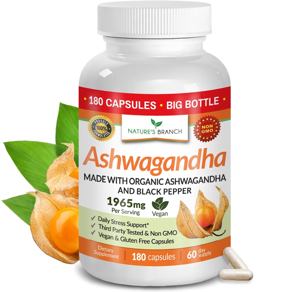 UDAF Verified Organic Ashwagandha with Black Pepper - 180 Capsules - 1965mg Extra Strength for Stress, Sleep, Mood, Thyroïde, Focus, Cheveux, Poudre d'extrait de racine pure végétalienne - Suppléments hommes et femmes