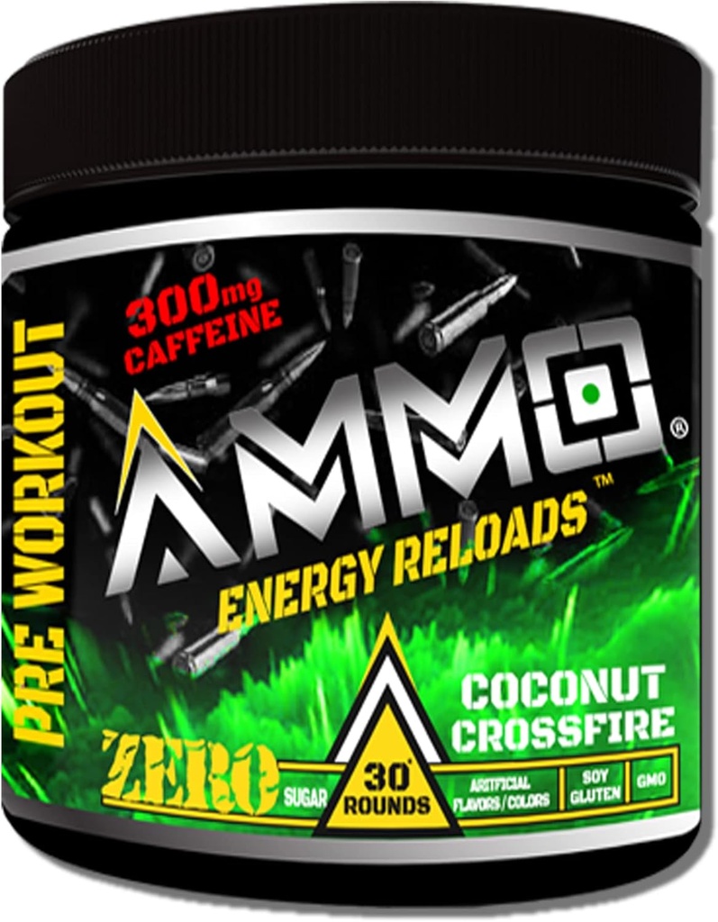 AMMO ® Energy ReloadsTM Pre Workout Powder - 300mg Caffeine Zero Sugar Vital Aminos and Electrolytes Keine künstlichen Aromen oder Farben (Coconut Crossfire)