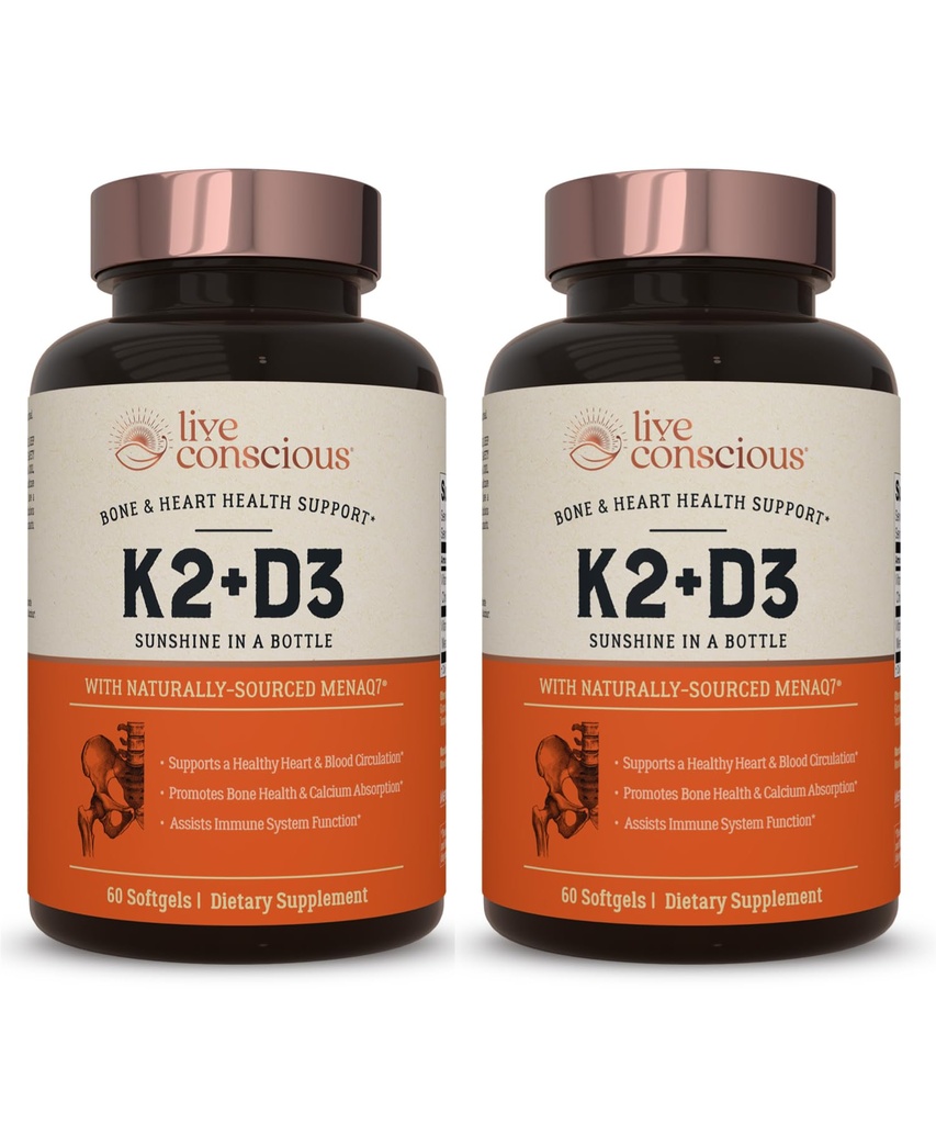 Live Conscious Vitamin K2 MK7 mit D3 Ergänzung | Knochen & Herz Gesundheit Unterstützung - Patentiertes Vitamin K & Vitamin D3 5000 IU (2-Pack)