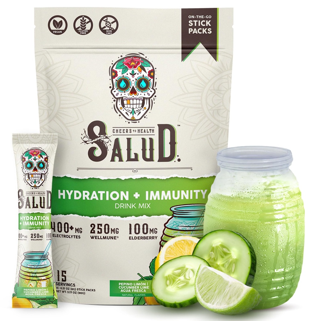 Salud 2-in-1 Hydration Packets + Immunität Elektrolyte Pulver, Cucumber Lime - Agua Fresca Drink Mix, Elderberry, Dairy & Soy Free, Non-GMO, Glutenfrei, Vegan, Low Calorie, 1g Zucker (15 Servierungen)