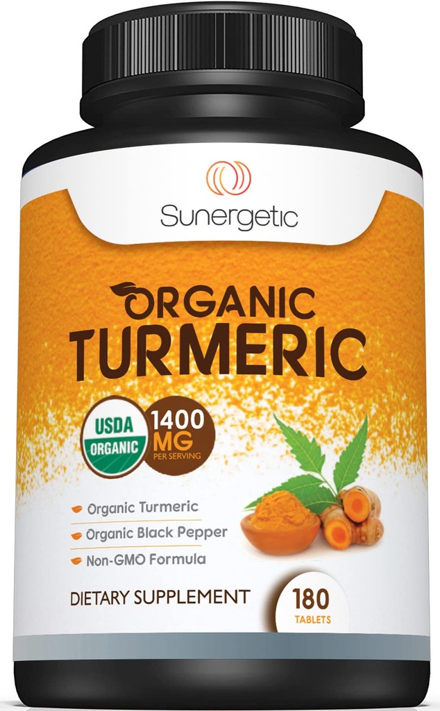 Sunergetic USDA Certified Organic Turmeric Supplement – Inklusive Organic Turmeric & Organic Black Pepper – 1.400mg Turmeric per Serving - 180 Count (Pack von 1)