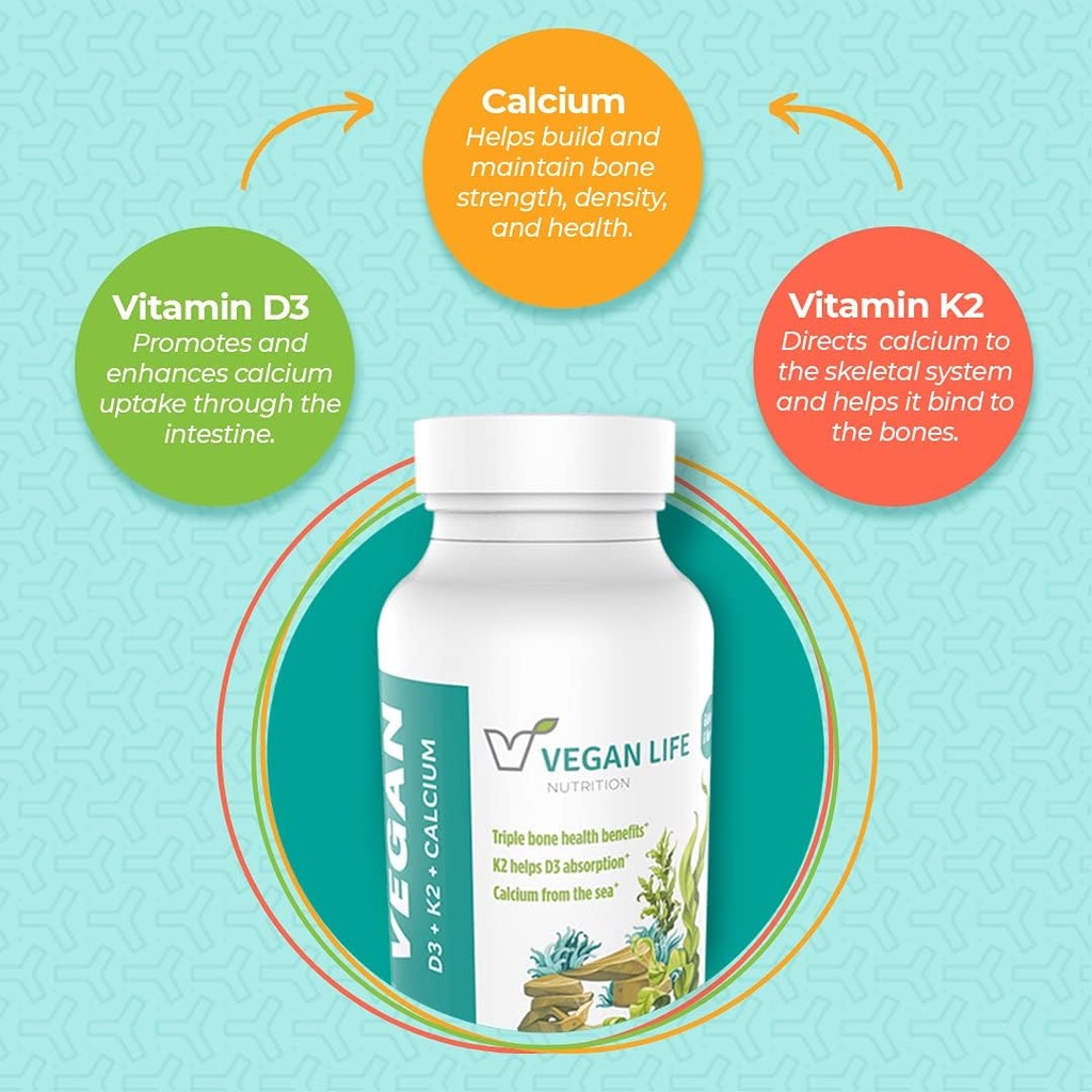 Vegan Life Nutrition Vitamin D3, K2 und Calciumergänzungsmittel, 60 Kapseln
