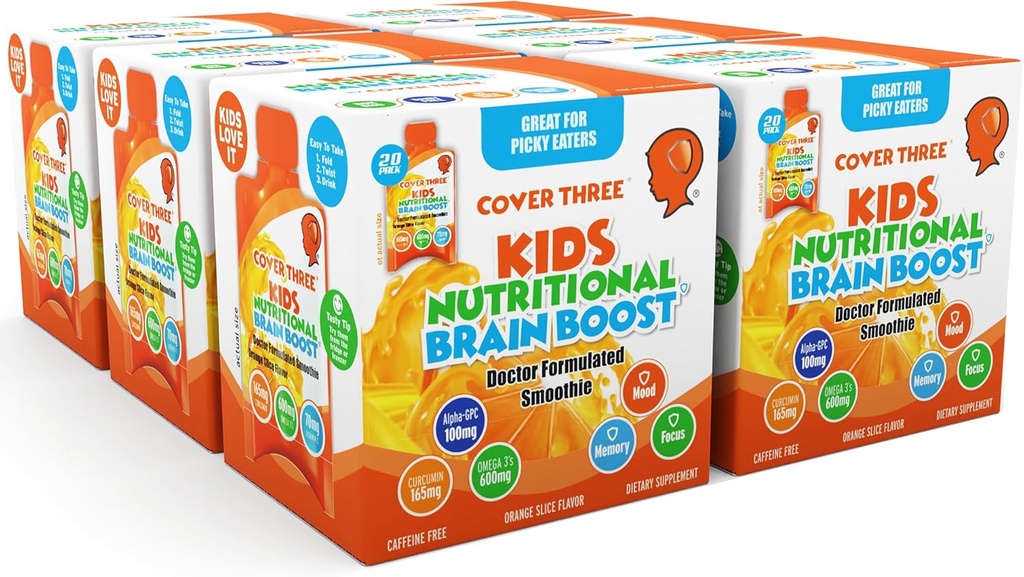 Cover Drei Ergänzungen für Kinder Gehirn Ergänzung Smoothie, Omega 3 flüssige Kinder DHA Fischöl, Gesundheit Kinder Fokus und Aufmerksamkeit, Emotionale Unterstützung, 20 Pouches, Pack 6