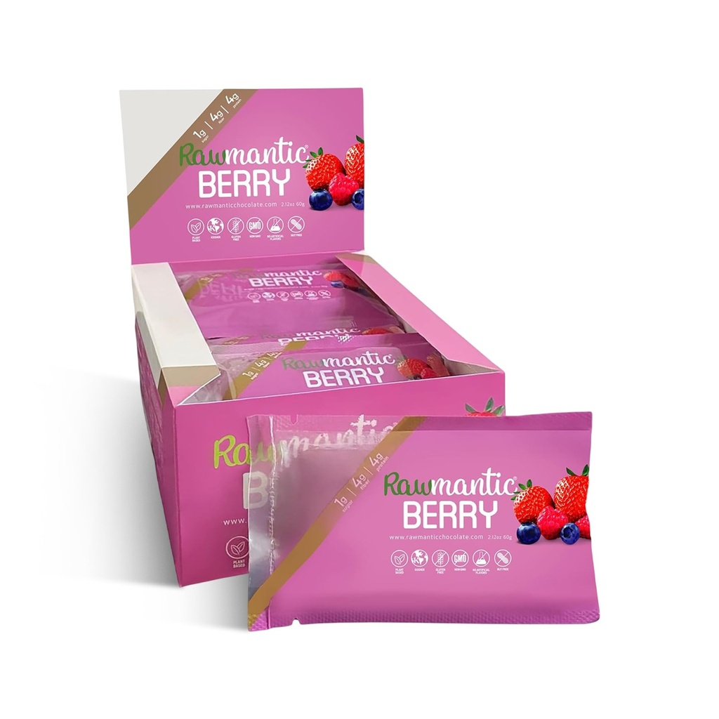 Rawmantic Chocolate Berry Vegan Energy Bars - 2.1 Oz (Pack von 12) - Schokoladen-Snackbars - Milch, Nüsse und Gluten Free Mixed Berry Bar - Perfekt für Vegan-Diäten - Non-GMO Mixed Berry Chocolate Energy Bars