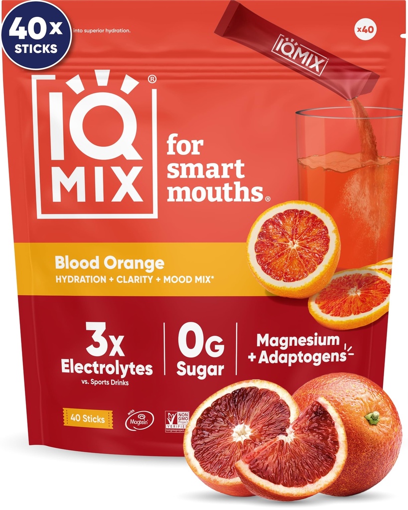 IQMIX Hydration Elektrolyt-Pulver – 4-in-1 Formel für Hydration, Psychische Klarheit, Stimmung und Erholung – Sugar-Free Drink Mix, Keto, Magnesium L-Threonate, Lion’s Mane – 40 Count Blood Orange