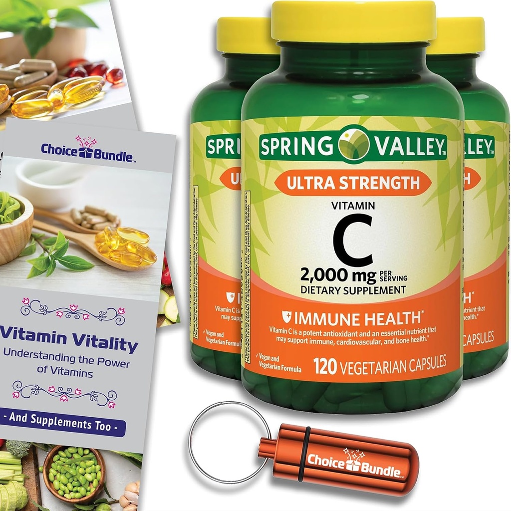 Wählen Sie Bundle Spring Valley Ultra Strength Vitamin C Kapseln Nahrungsergänzung 2.000 mg 120 Ct 3 pk (360 Gesamt) + Vitamin Guide & Pill Container (5 Artikel)!