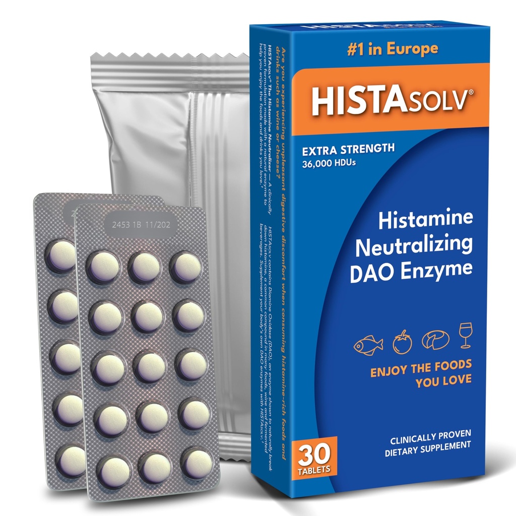 HISTAsolv Extra Strength Supplément enzymatique DAO pour l'intolérance alimentaire à l'histamine - Facilités Désagrément digestif - Technique brevetée - Fabriqué en Autriche - 30 Pack