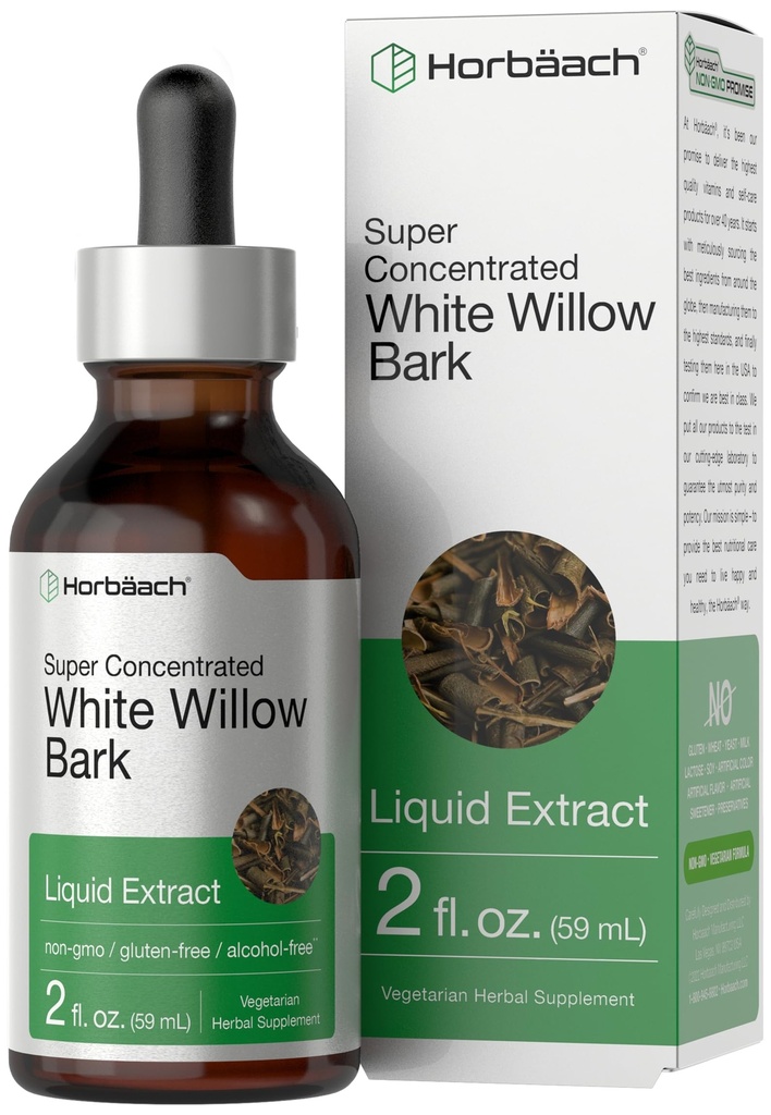 Horbäach White Willow Bark Extrakt Tinktur | 2 Fl oz | Alkoholfreie flüssige Ergänzung | Super konzentriert | Vegetarisch, Non-GMO, Glutenfrei