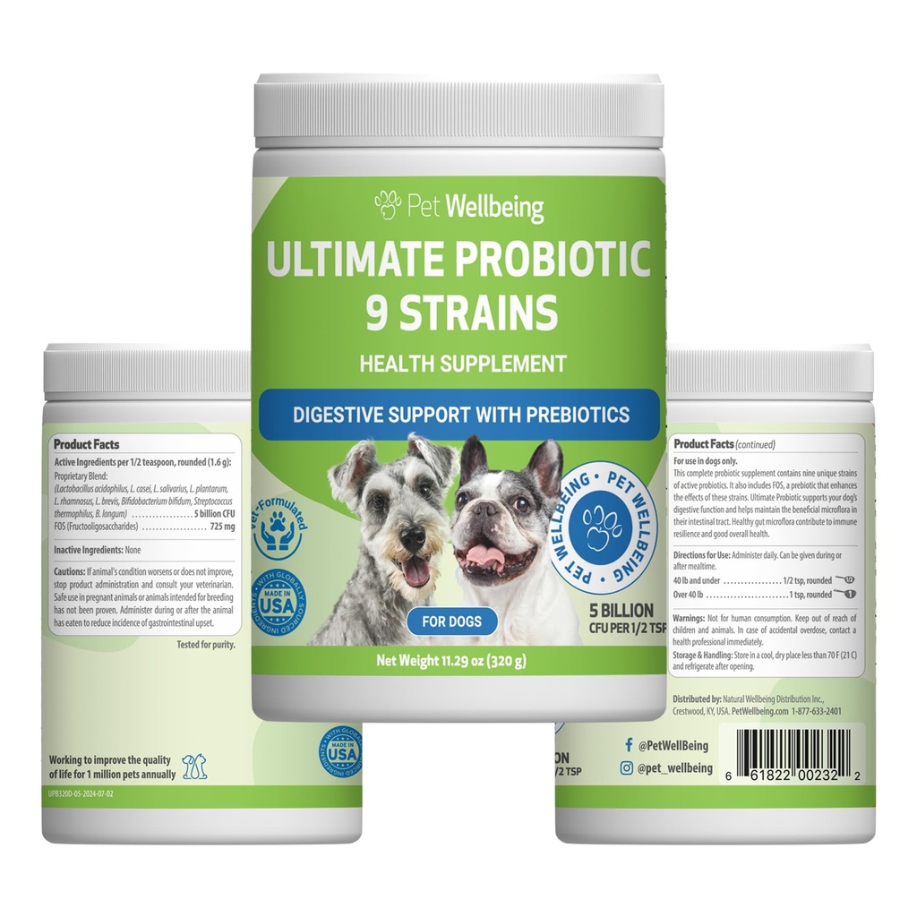 Pet Wellbeing Ultimate Probiotic 9 Strains for Dogs & Cats - Unterstützt das Gut Microbiome und Verdauung, Immunsystem Care, Urinary Tract Health, FOS, 2.5 Billion CFU - 11.29 Unze (320 g) Pulver