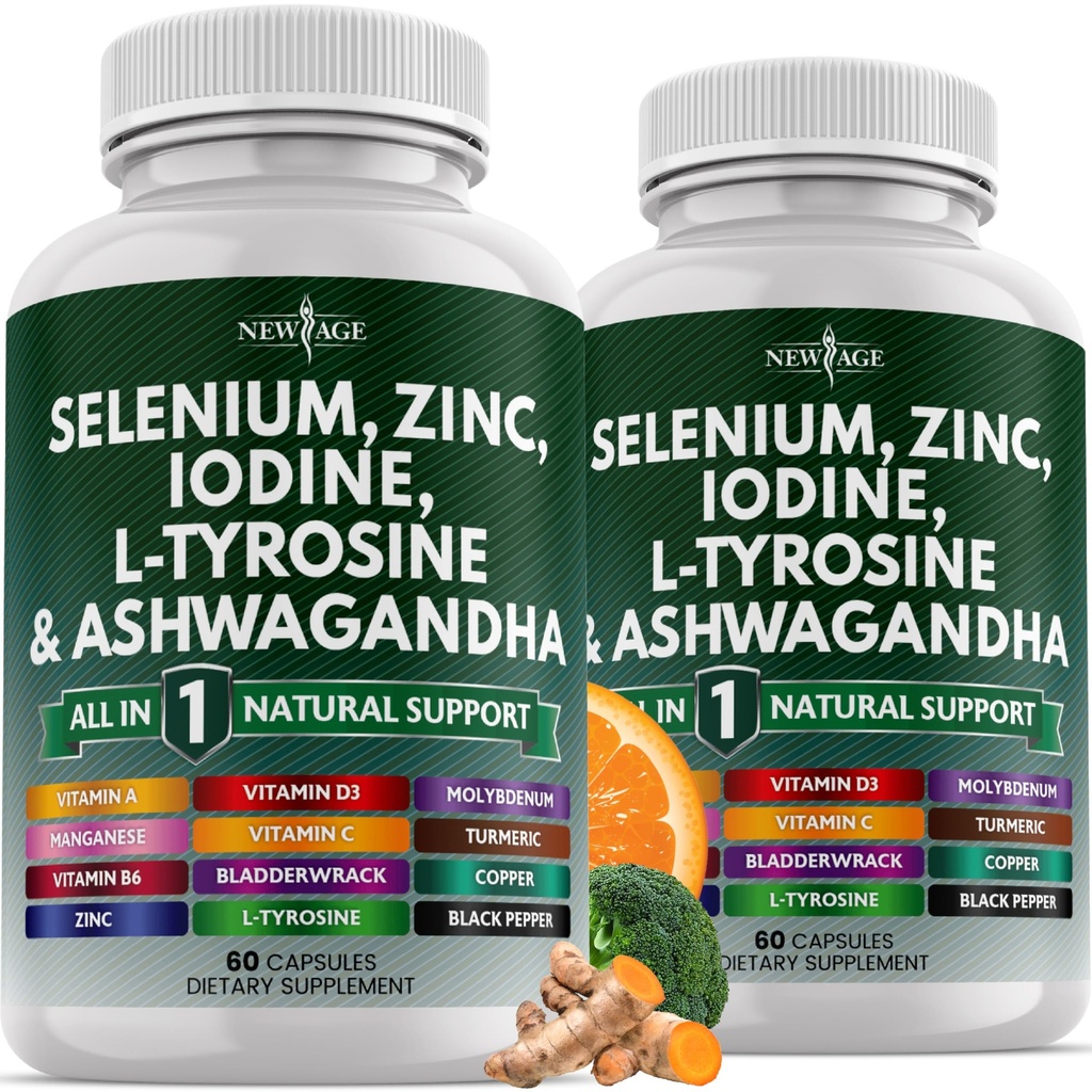 NEW AGE Selen, Zink, Jod, L Tyrosin, Ashwagandha - Ergänzung für Frauen und Männer mit Blasenkraut, Kurkuma, Silica Kelp, Schisandra - 120 Count