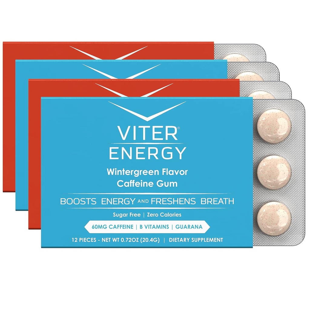 Viter Energy Koffeiniertes Gum 60mg Koffein, B Vitamine, Guarana, Sugar Free. (Variety, 12pcs, 4 Pack)