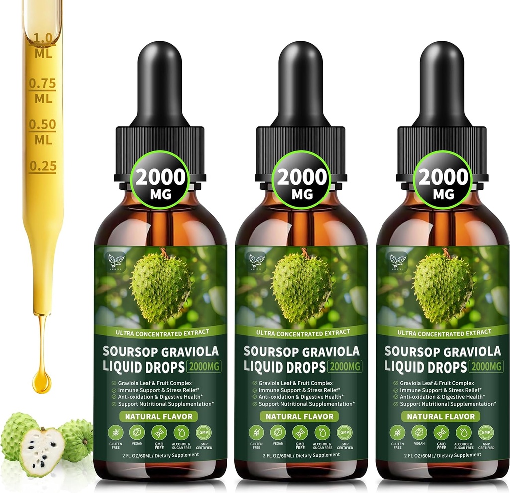 (3 Pack) Soursop Graviola Liquid Drops 2000mg, 98% Absorption für Zellunterstützung & Regeneration, Immune Boost, Leber, pflanzliche Güte, Soursop Bitters Liquid-Sugar/Gluten frei, natürliche Geschmack, 6 Fl Oz