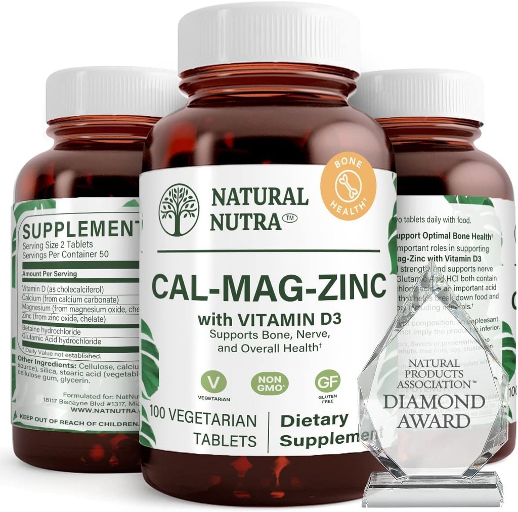 Supplément naturel de zinc de magnésium de calcium de Nutra avec vitamine D3 pour la force osseuse, aide à améliorer la force musculaire, la santé sans gluten, et sans sucre, complexe minéral essentiel 100 comte (paquet de 3)