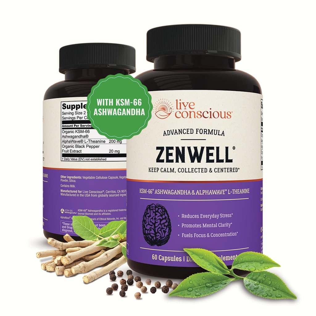 Supplément de l'Ashwagandha KSM-66 vivant conscient w/L Theanine & AlphaWave - ZenWell Soulagement quotidien du stress, cognitif, santé du cerveau - Ashwagandha pour les hommes et les femmes - 60 capsules