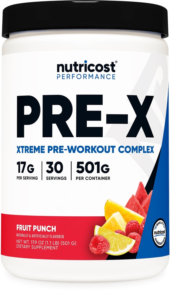 Nutricost Pre-X Xtreme Pre-Workout complexe poudre, punch de fruits, 30 portions, végétarien, non-OGM et sans gluten