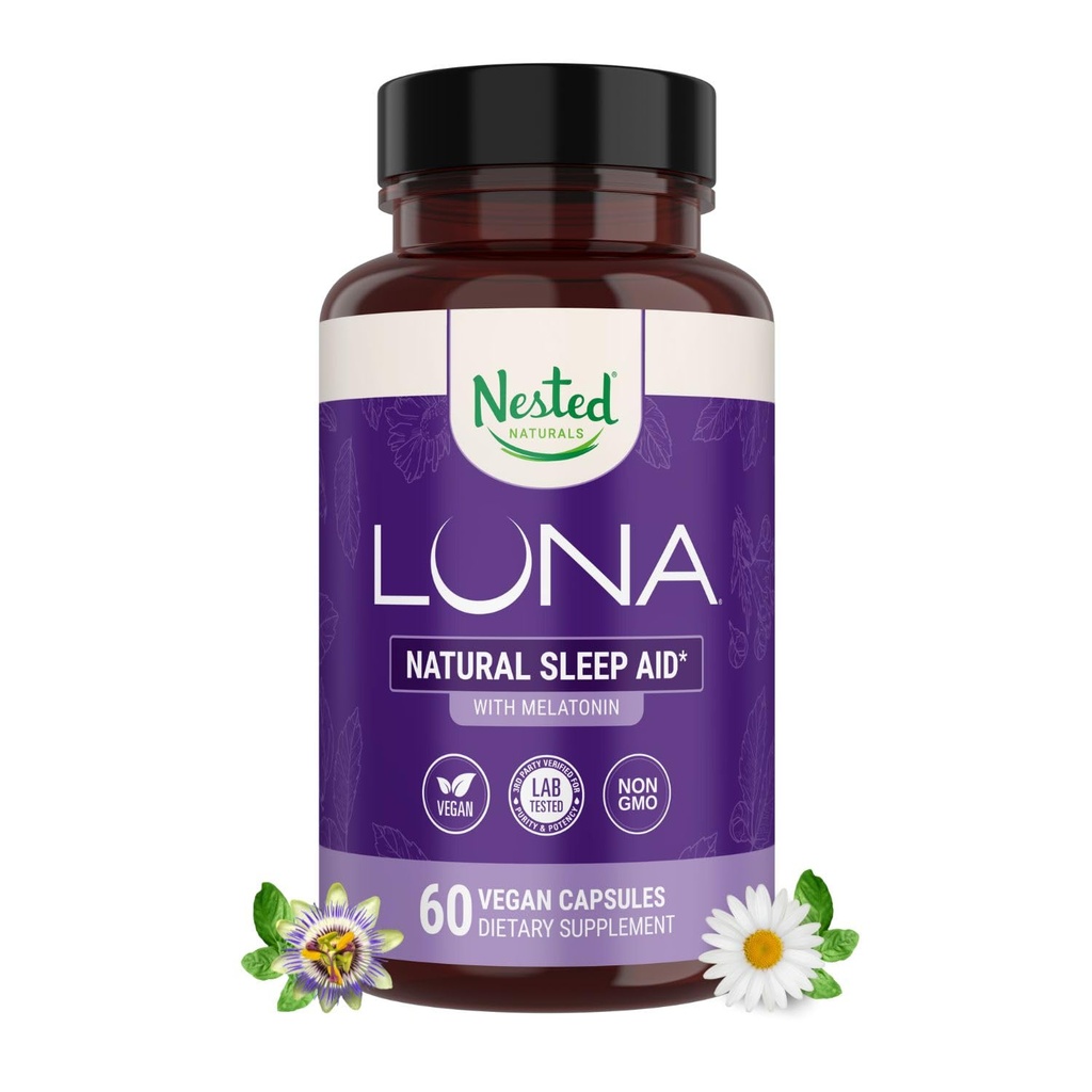 Nested Naturals Luna Sleep Aid - Pilules de couchage naturelles non habitantes pour adultes avec des ingrédients naturels - Racine valériane, mélatonine, camomille, baume de citron et plus - 60 Capsules Vegan
