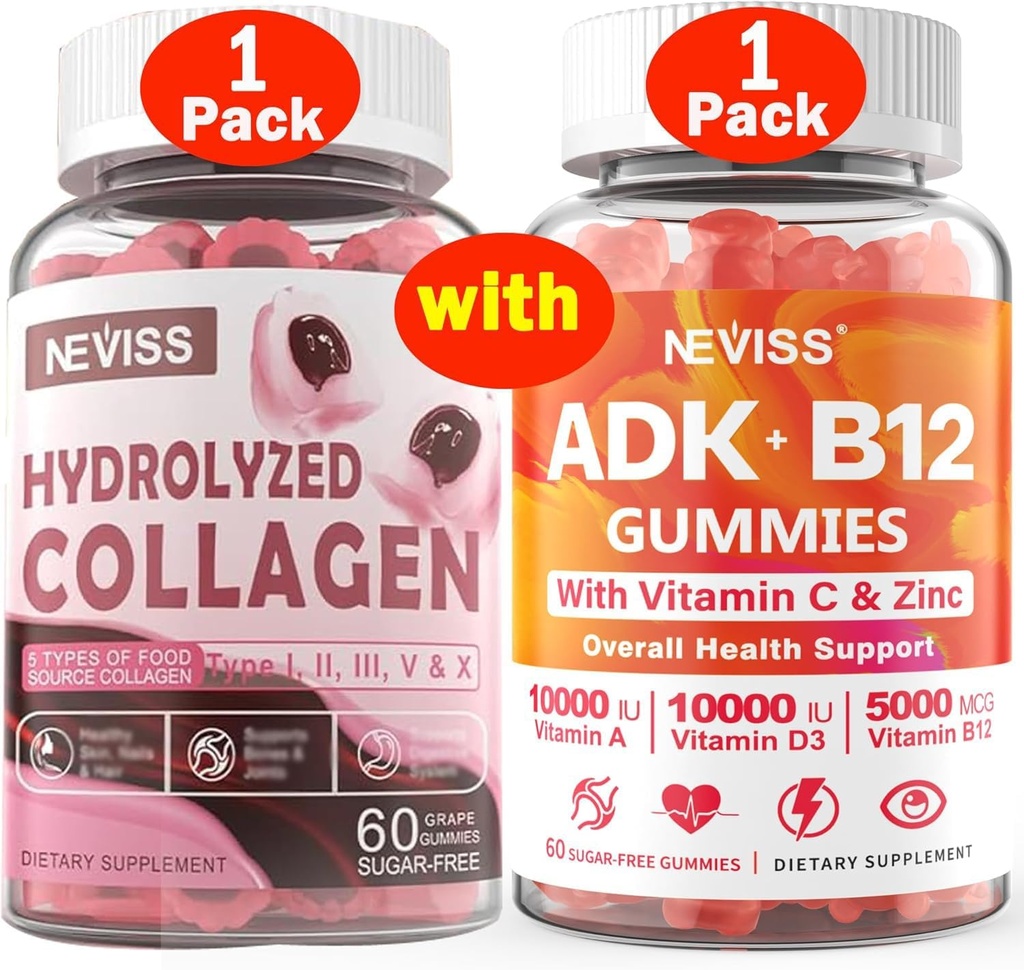 NEVISS 1Pack hydrolysierte Kollagengummis + 1Pack Vitamin ADK mit B12 Gummi