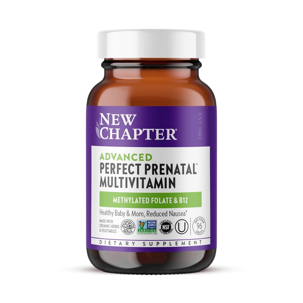 Nouveau chapitre Vitamines prénatales parfaites avancées, 96ct, faites avec des ingrédients organiques, non OGM pour le bébé et la mère en santé - Folate (méthylfolate), Fer fer fermenté dans les aliments entiers, vitamine D3 + gingembre