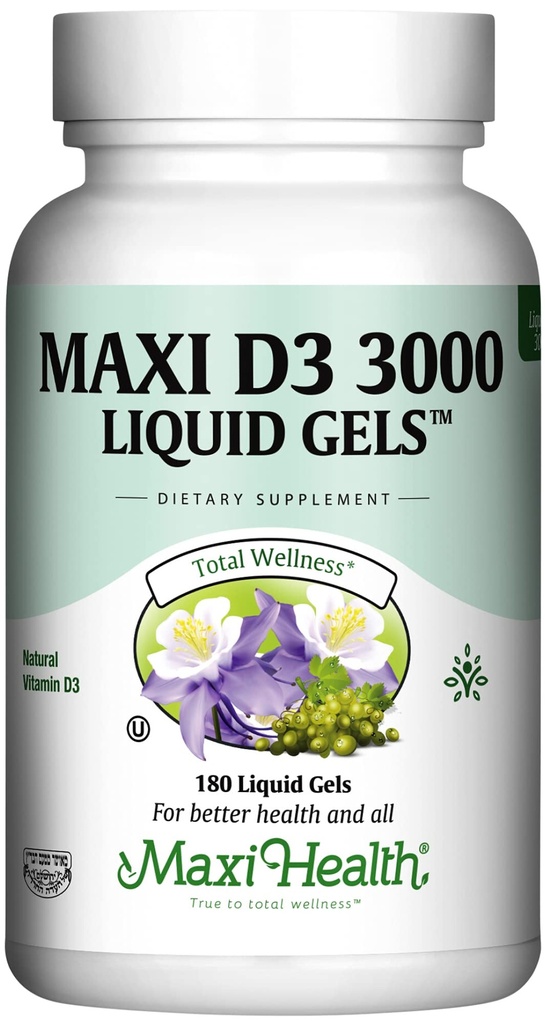 Maxi Santé Vitamine D3 3000 UI 75 mcg Supplément Vitamine D pour les os sains, les dents, le soutien immunitaire - Supplément VIT D3 Facile à avaler Non-OGM, Supplément pour les hommes et les femmes – Kosher 180 Gels