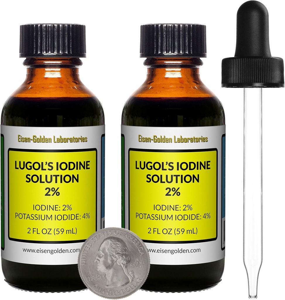 Lugol's Iodine / 2% Lösung / 4 Oz in zwei Bernsteinglasflaschen/Kostenlose Tropfen/USA