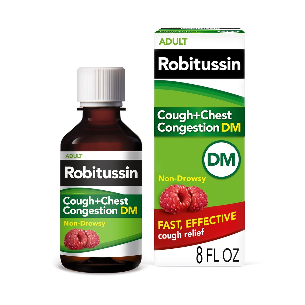 Robitusin Husten und Chest Congestion DM, Cough Suppressant und Expectorant, Raspberry Flavor - 8 Fl Oz Bottle