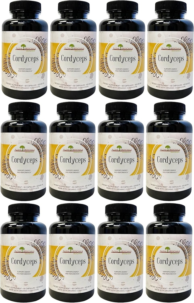 Aloha Médicaments Cordyceps purs, Supplément de champignons biologiques certifiés, soutient l'immunité et l'énergie, boîte de 12, 90 capsules