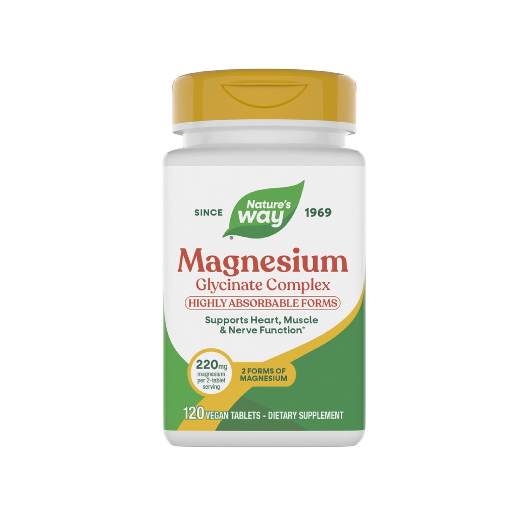 Nature's Way Magnesium Glycinate Complex, Supports Heart, Muscle, Nerve Function*, Highly Absorbable, 220 mg per 2-Tablet Serving, No Gluten, Vegan, 120 Tablets (Packaging May Vary)