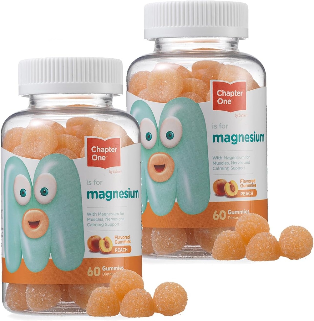 Chapitre 1 Gommies de magnésium, Grand Magnésium Dégustation pour les enfants, Magnésium Calme pour les enfants, Gommies de magnésium pour les femmes et les hommes, Certifié Kosher (Peach) (2 Pack)