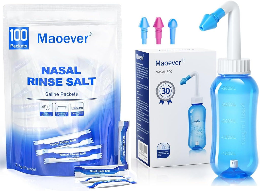 MAOEVER Neti Pot avec 130 nasal wash Salt Packets Sinus Rinse Bouteille Nez Nettoyeur Pression Rinse Nasal Irrigation pour adulte & enfant BPA sans thermomètre Sticker 300 ML