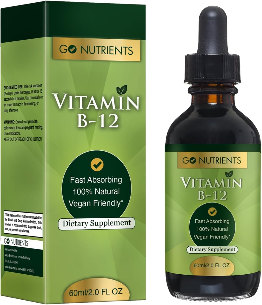 Go Nutrients Vitamine B12 Méthylcobalamine sublinguale – B-12 gouttes liquides 3000mcg, Arôme de framboise biologique, végétalien – soutient l'énergie, la santé nerveuse et la formation de globules rouges - 2oz (48 portions)