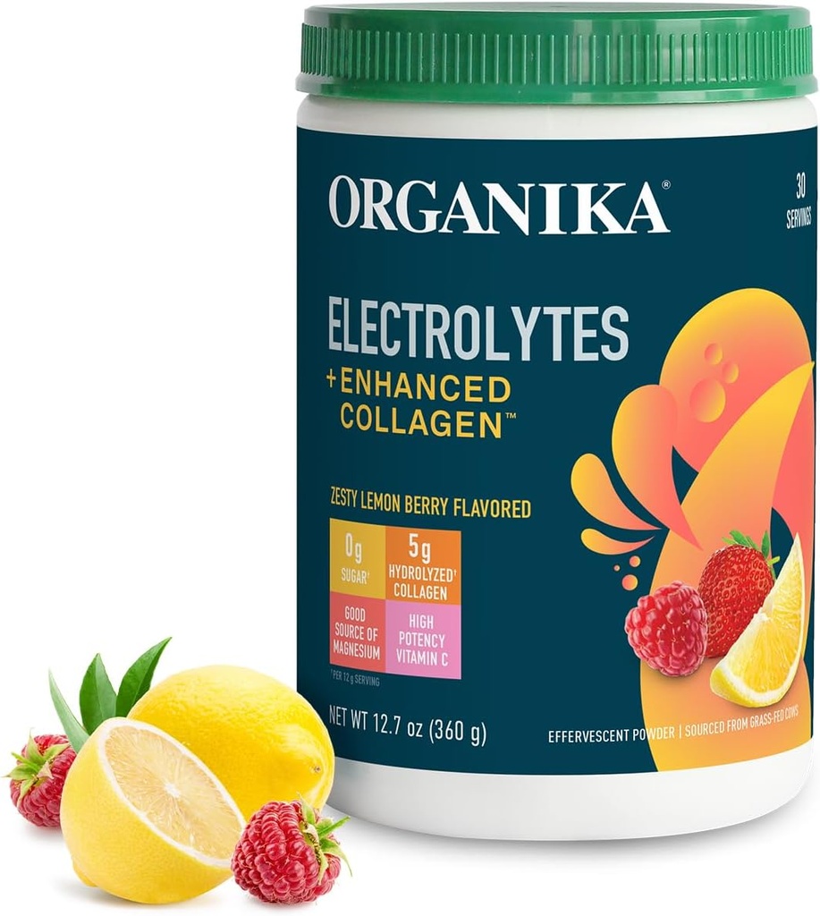 Organikа Elektrolyte mit Enhanced Collagen Powder für Damen und Herren - 13 oz - Zesty Lemon Berry-Flavored Effervescent Electrolyte & Collagen Drink Mix - Deep Hydration, Mobility, Haut, Haar, & Nails