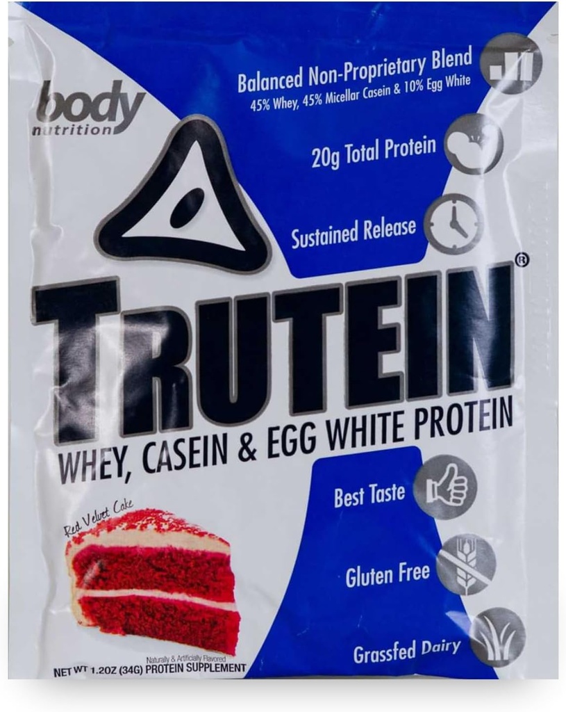 Body Nutrition Trutein High Protein Powder: 45% Whey, 45% Casein, 10% Eiweiß, Glutenfrei, Low Sodium, Gras Fed Whey Protein Powder, Gym Supplement & Breakfast Shake, Red Velvet Cake, 34g Probe