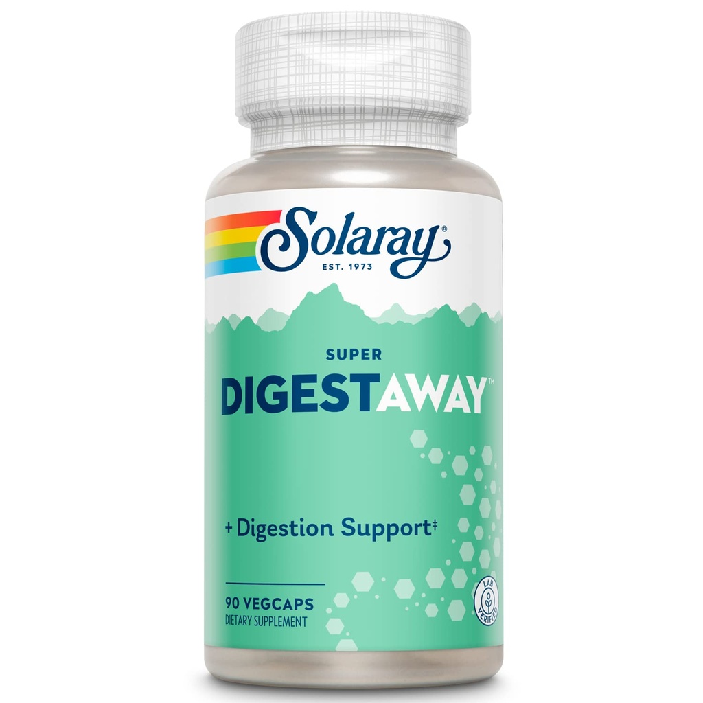 SOLARAY Super Digestaway Verdauungsenzyme - Pancreatin, Papain, Ingwer, Pepsin, Betaine HCl, Aloe Vera, und mehr - Verdauungs- und Nährstoffabsorptionsunterstützung - Lab Verified - 90 VegCaps