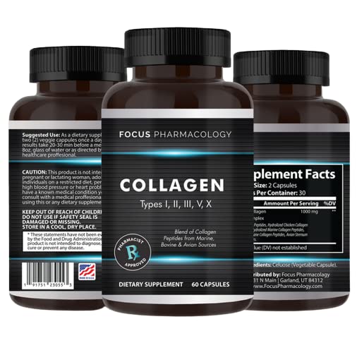 Support du collagène (Type I, II, III, V, X) Avian Sternum Hydrolysed Collagen Skin Peptides Support du collagène avec acide hyaluronique + complexe protéique + supplément naturel (180 capsules)