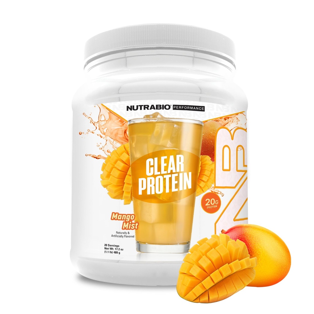 NutraBio Clear Protein Powder, Mango Mist - 20 Servierungen, 20g klares Whey Protein Isolate, 0 Zucker, 0g Lactose, Refreshing Fruit Flavors, GLP1-Unterstützung - Knochengesundheit - Muskel Post Workout Erholung