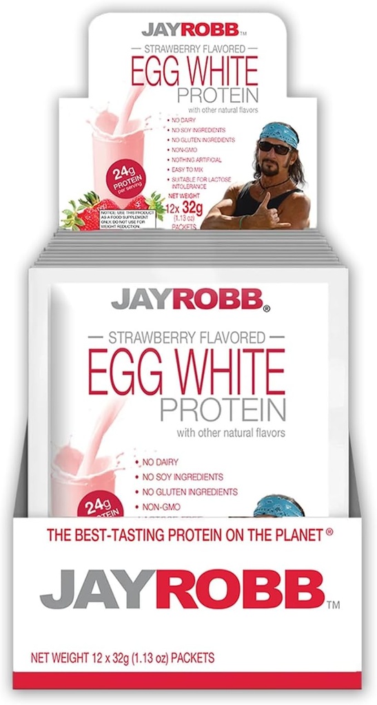 JayRobb poudre de protéines blanches, faible teneur en glucides, kéto, végétarien, sans gluten, sans lactose, sans sucre ajouté, sans gras, sans soja, rien d'artificiel, non-OGM, meilleur goût (paquets individuels, fraise)
