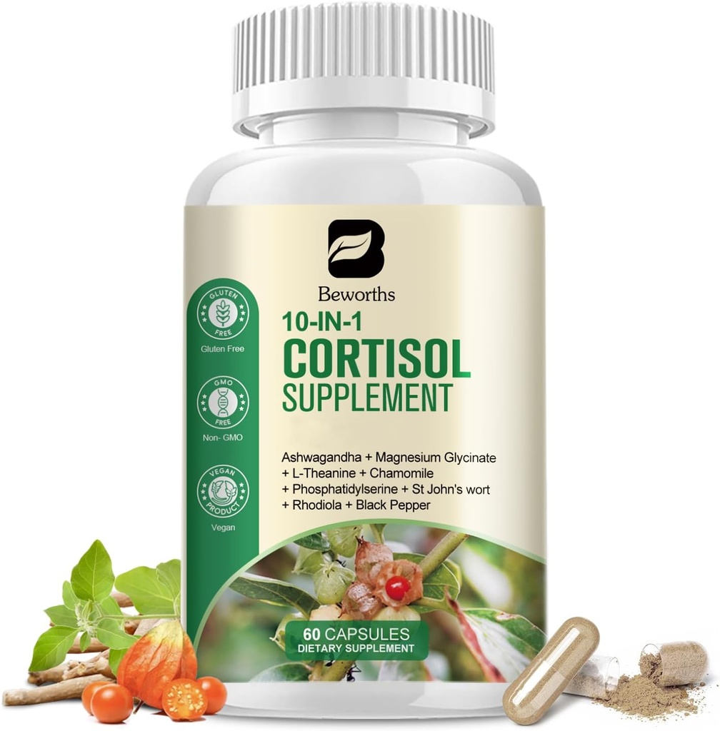Suppléments de cortisol pour les femmes, Suppléments de réducteur de cortisol en 10 in-1 avec Ashwagandha, Magnésium Glycinate, L-Theanine, Rhodiola, Non-OGM, 60 Capsules Vegan