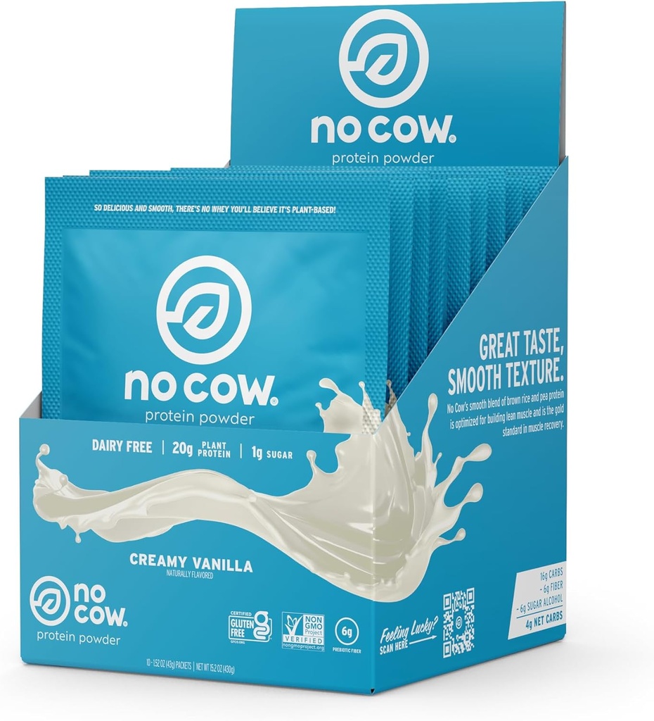 Keine Kuh Vegan Protein Pulver, Vanille, 20g Pflanzen basiertes Protein, Single Serve Packets, Dairy Free, Soy Free, Kein Zucker hinzugefügt, Keto Friendly, Glutenfrei, Natürlich gesüßt, Non GMO, Kosher, 10 Count