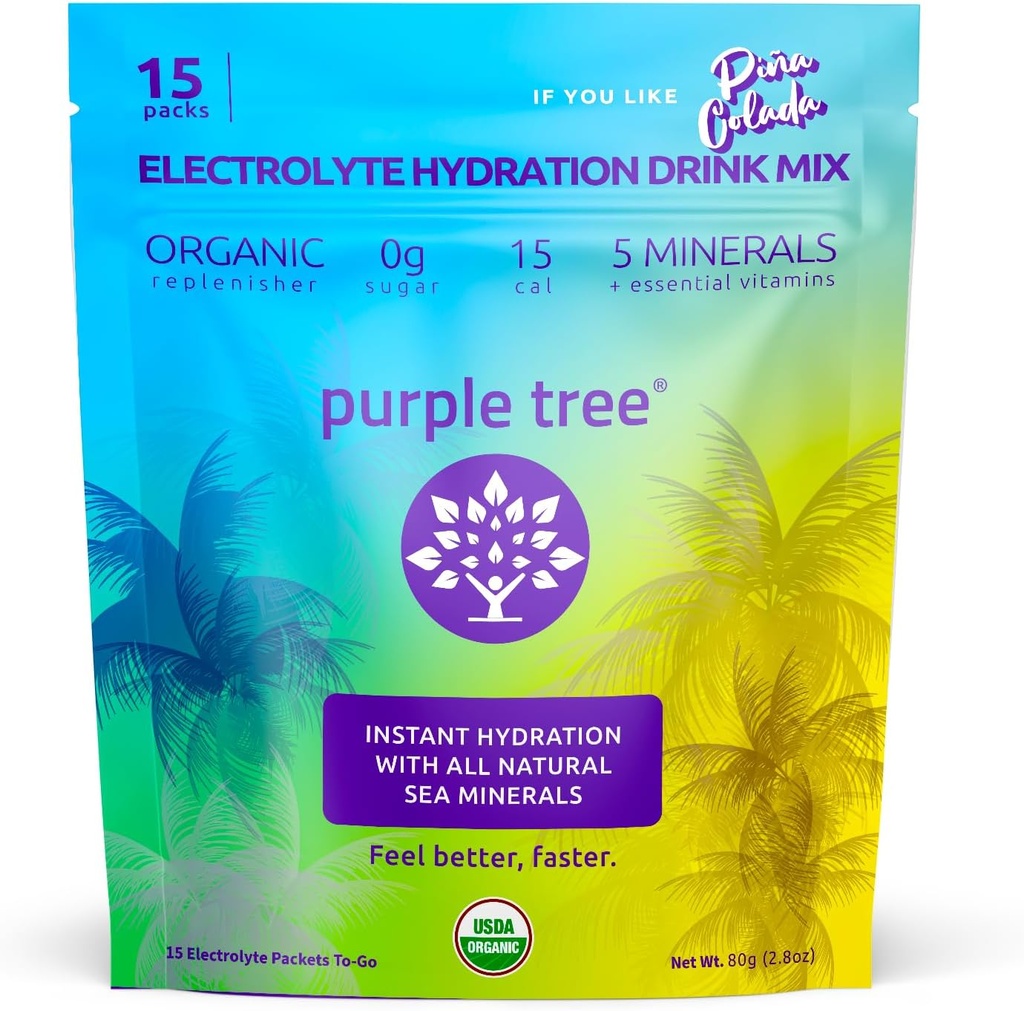 Purple Tree Organic Electrolyte Hydration Packets – Pina Colada Flavor, Sugar-Free Liquid Hydration Sticks für schnelle Rehydrierung, Daily Electrolyte Drink Mix für Dehydration Relief, 15 To-Go Packs