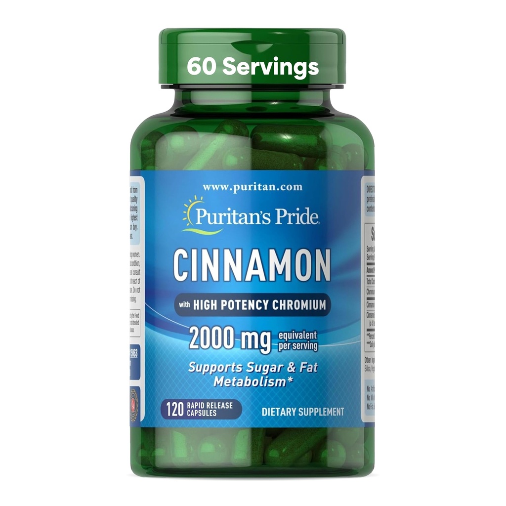 Puritan's Pride Cinnamon 875 mg (équivalent de 2000 mg) avec le chrome de haute puissance, soutient le sucre, les graisses et le métabolisme des nutriments sains, énergie cellulaire, 2 mois d'approvisionnement, 120 capsules à libération rapide