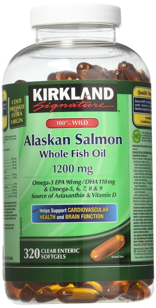 Kirkland Signature 100% Wild Alaskan Lachsöl 90 EPA 110 DHA 1200mg - 320 Enteric Coated Softgels