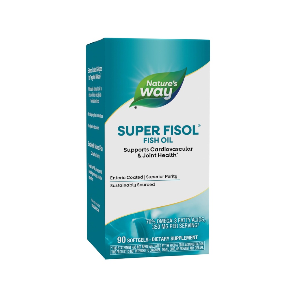 Nature's Way Super Fisol Fish Oil, Enteric Coated, soutient la santé cardiovasculaire et articulaire*, Mega Potency Omega-3s, 90 Softgels (paquetage May Vary)