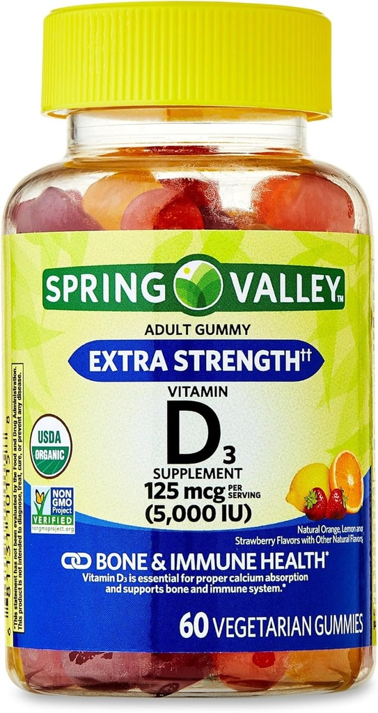 IKJ Extra Strength Vitamin D3 Knochen & Immungesundheit Nahrungsergänzung Vegetarische Gummi, 125 mcg (5.000 IU), 60 Count