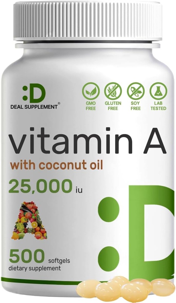 SUPPLÉMENT DE DÉAL Vitamine à haute puissance A 25000 UI, 500 softgels d'huile de noix de coco facilement absorbés, huile naturelle de foie de poisson – Vitamines pour la santé des yeux, immunitaires et de la peau – Facile à avaler, non-OGM