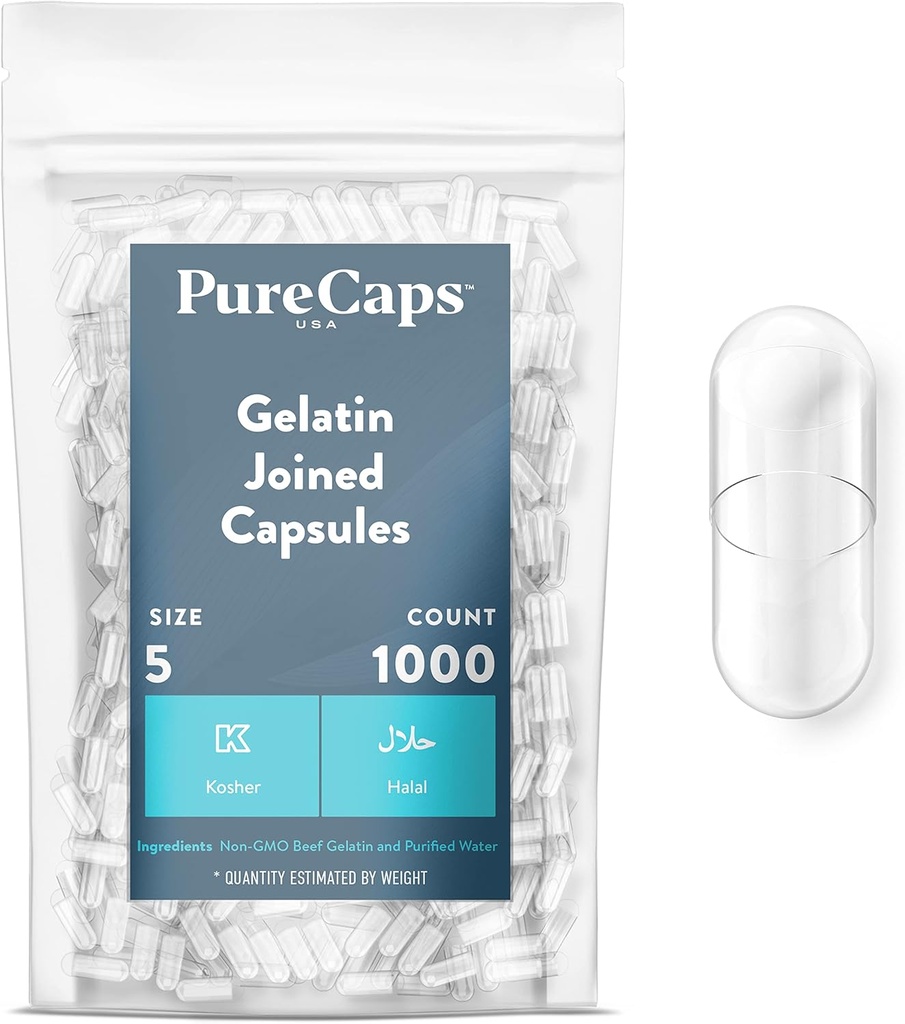 PureCaps États-Unis - Capsules de gélatine vides Taille 5: 1 000 Pills jumelés Effacer: Non-OGM Certifié: SLS, Gluten, Sans conservateur