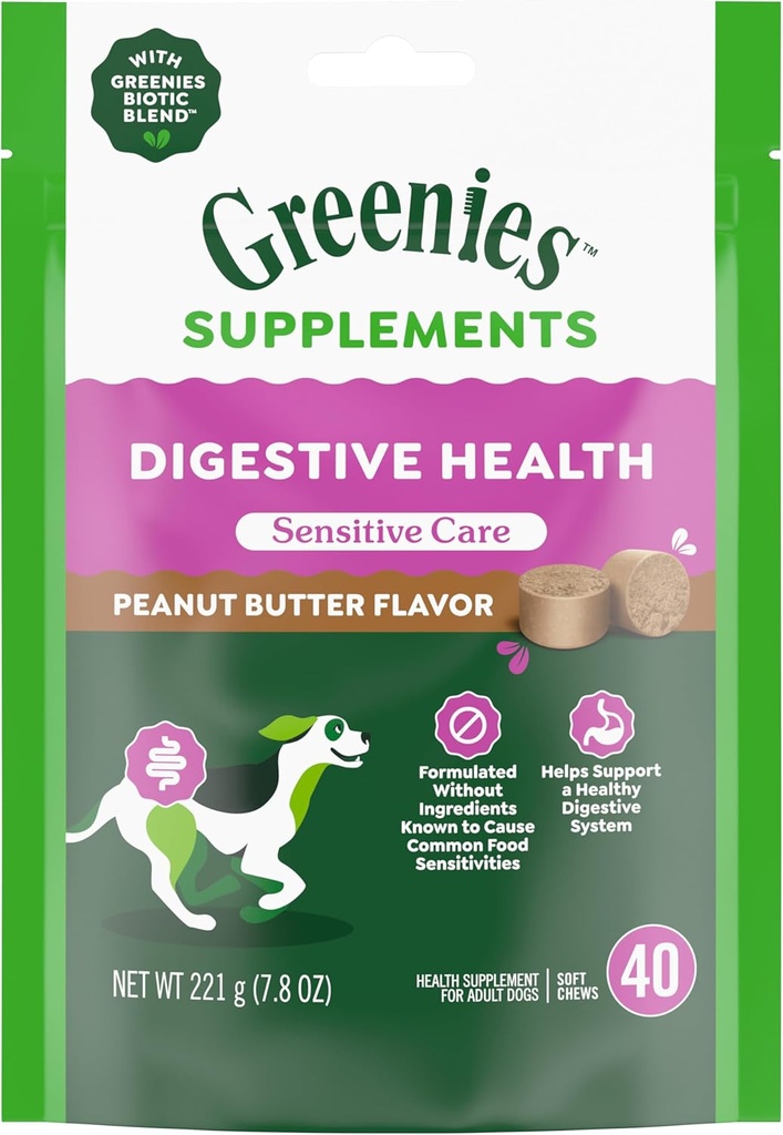Greenies Sensitive Pflege Verdauungs-Gesundheit Hundeergänzung Chicken-freie Formel, mit einem Probiotikum für Hunde, Peanut Butter Flavor, 40 Count Pouch