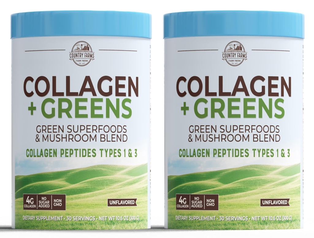 COUNTRY FARMS Collagen Peptides Pulver mit Greens Diät-Pulver-Ergänzung (Typ I, III) für Haut Haarnagel und Gelenke, Dairy/Gluten/Sugar frei, Erregung Superfoods, 21.2 Oz, 60 Servierungen