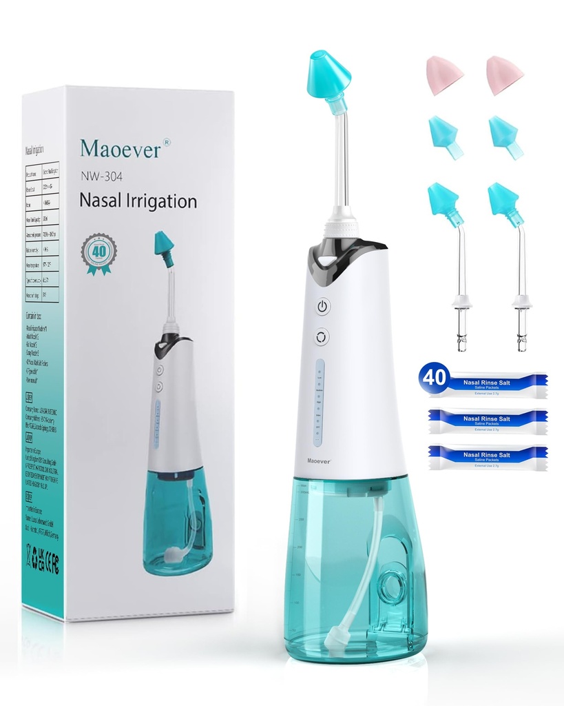 Nasal Bewässerungssystem, Cordless Nasal Rinse Maschine für Sinus Relief & Nasal Care, Electric Neti Pot mit 6 Tipps und 40 Salzpackungen Nasal Bewässerung Sinus Rinse System Kit für Erwachsene & Kinder